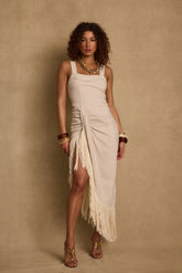 Serenade Beige Linen Wrap Midi Dress